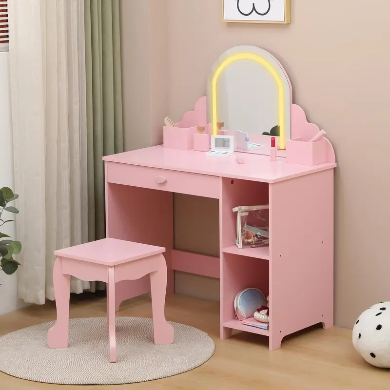 Garvee Kids Vanity with Lighted Mirror & Stool, 2 In 1 Little Girls Vanity and Wooden Makeup Playset with Adjustable LED Ligh...