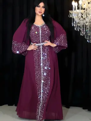 Women's Rhinestone Decor Lantern Sleeve Dress, Elegant Scoop Neck A Line Dress for Party Banquet Festival Celebration Social ...