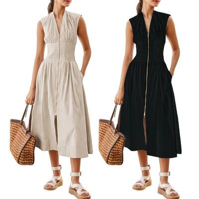 【GUNEST】Women's Summer Smocked Midi Dress Casual Zipper Vneck Sleeveless Cap Sleeve High Slit Flowy Long Dress Plain Ele