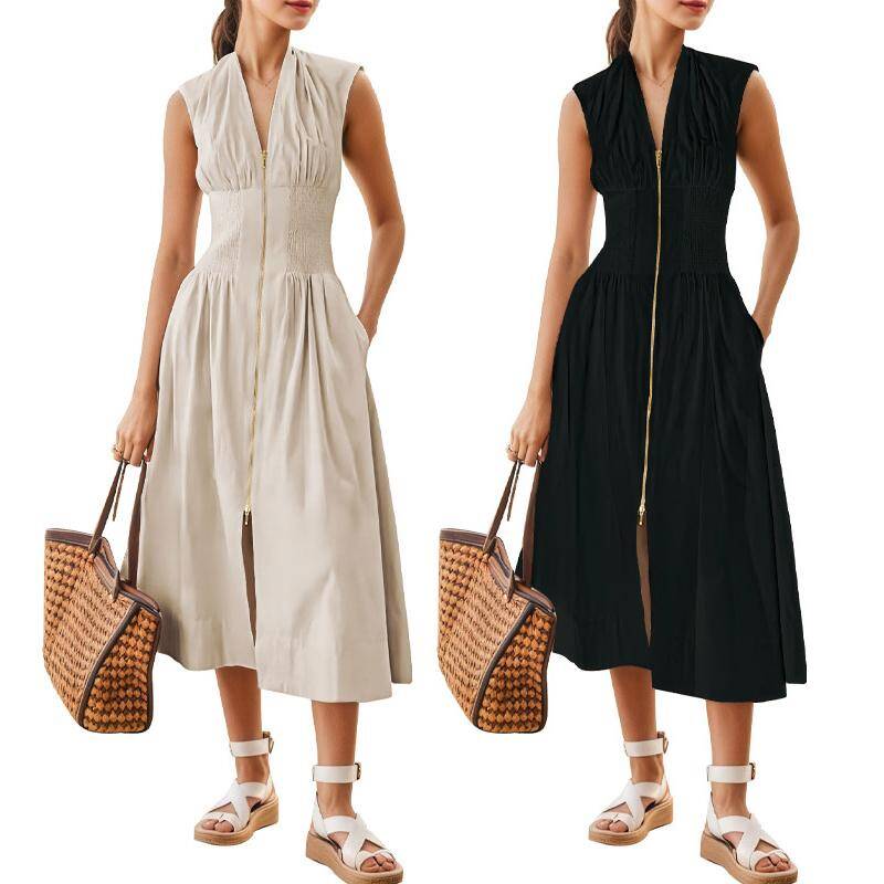 【GUNEST】Women's Summer Smocked Midi Dress Casual Zipper Vneck Sleeveless Cap Sleeve High Slit Flowy Long Dress Plain Ele