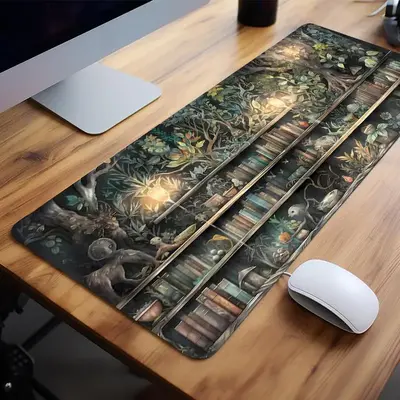 Creative Book & Tree Pattern Extended Mouse Pad, Rectangle Gaming Mouse Keyboard Pad, Office Desk Accessories, Non-slip Rubbe...