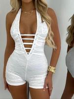 Women's Plain Lace Up Backless Halter Neck Romper, Lady Casual Tight Fitted Sleeveless Lace Romper for Summer, Fashion Women'...