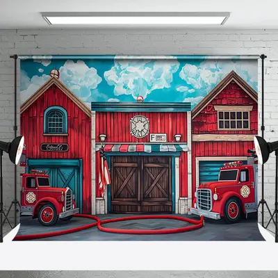 Retro Red Wood House Fire Truck Cake Smash Backdrop