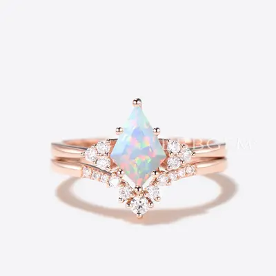 Kite Cut White Opal Engagement Ring Diamond Cluster Bridal Ring Set