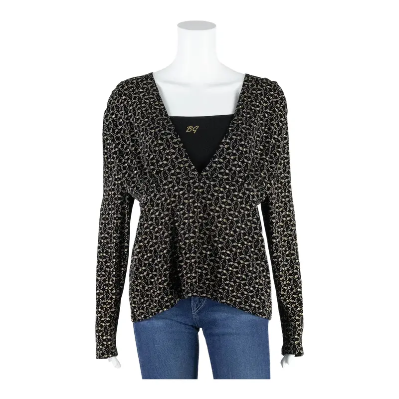 BOGUA Y2K Embellished Top Black V-Neck Long Sleeve Womens L
