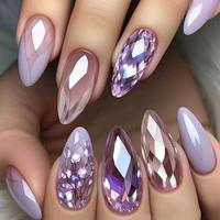Irregular Crystal Almond Fake Nail, 24pcs Removable Full Cover Artificial Fake Nail, Women Girls DIY Manicure, Elegant Press ...