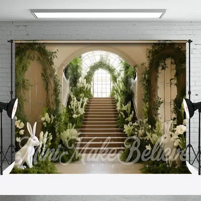 Green White Floral Palace Stairs Easter Backdrop - Aperturee