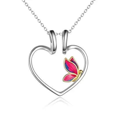 Sterling Silver Two-tone Butterfly & Heart Ring Holder Necklace for Women