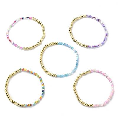 Non-magnetic Synthetic Hematite & Glass Seed Beaded Stretch Bracelet