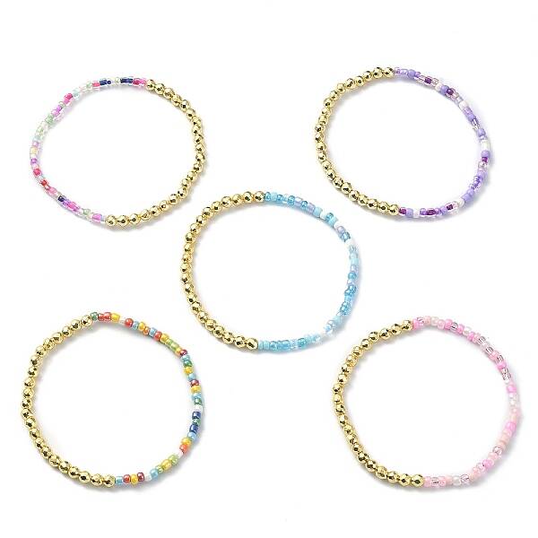 Non-magnetic Synthetic Hematite & Glass Seed Beaded Stretch Bracelet