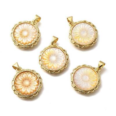 Brass Pave Natural Yellow Shell Carved Flower Pendants