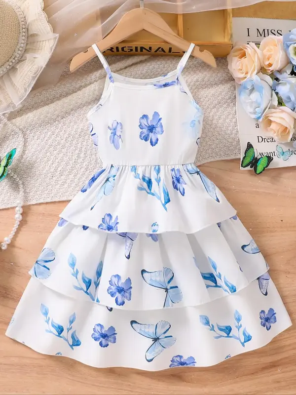 Girl's Floral Print Cami Dress, Casual Sleeveless Spaghetti Strap Dress for Summer, Kids Clothes for Daily Wear