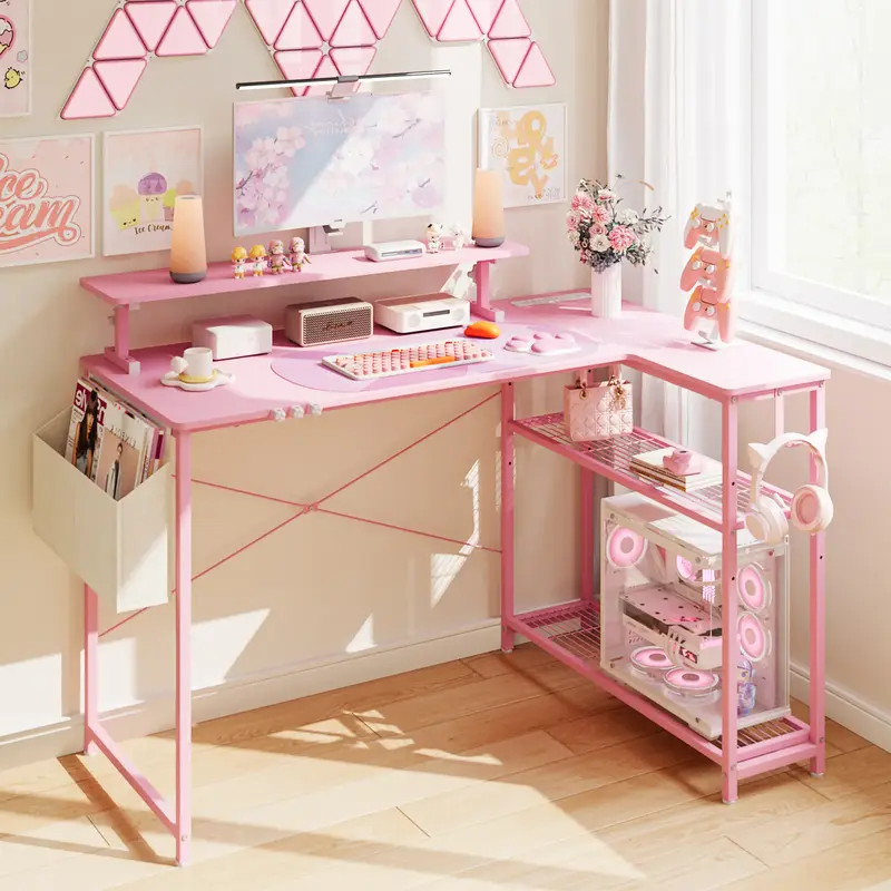 Dowinx L-Shaped Gaming Desk Cute with Cat Accessories, Built-in Power Outlet, Monitor Shelf, and Side Storage – Sturdy Meta...