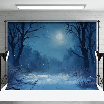 Aperturee Silent Winter Night Moon Snow Forest Photo Backdrop