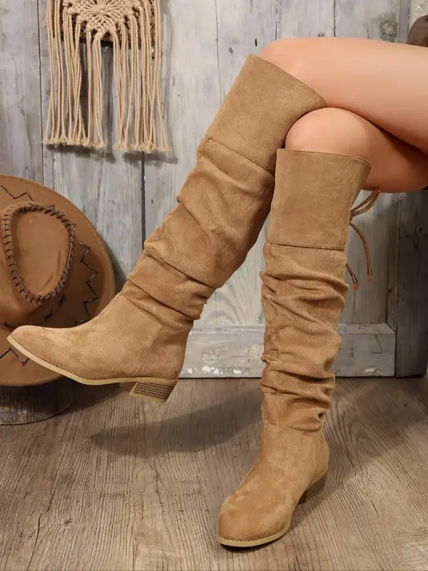 Women's Fashionable Solid Color Lace Up Pointed Toe Boots, Trendy All-match Plain Lace Back Slouchy Boots, Casual Warm Knee B...