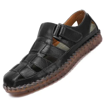 Men's Casual Sandals Closed Toe Outdoor Handmade Leather Sandal Summer Beach Sandal Fisherman Sandals Women Black Fathersdayg...