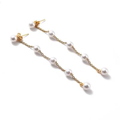 Round Plastic Pearl Beaded Long Chain Dangle Stud Earrings