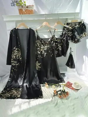 Plus Size Floral Print Five-piece Set, Draped Dress & Ruffle Shorts & Cami Top & Long Sleeve Belted Robe & Bag, Casual Comfy ...