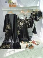 【Plus Size】 Floral Print Set, Draped Dress & Ruffle Shorts & Cami Top & Long Sleeve Belted Robe & Bag, Casual Comfy Satin...