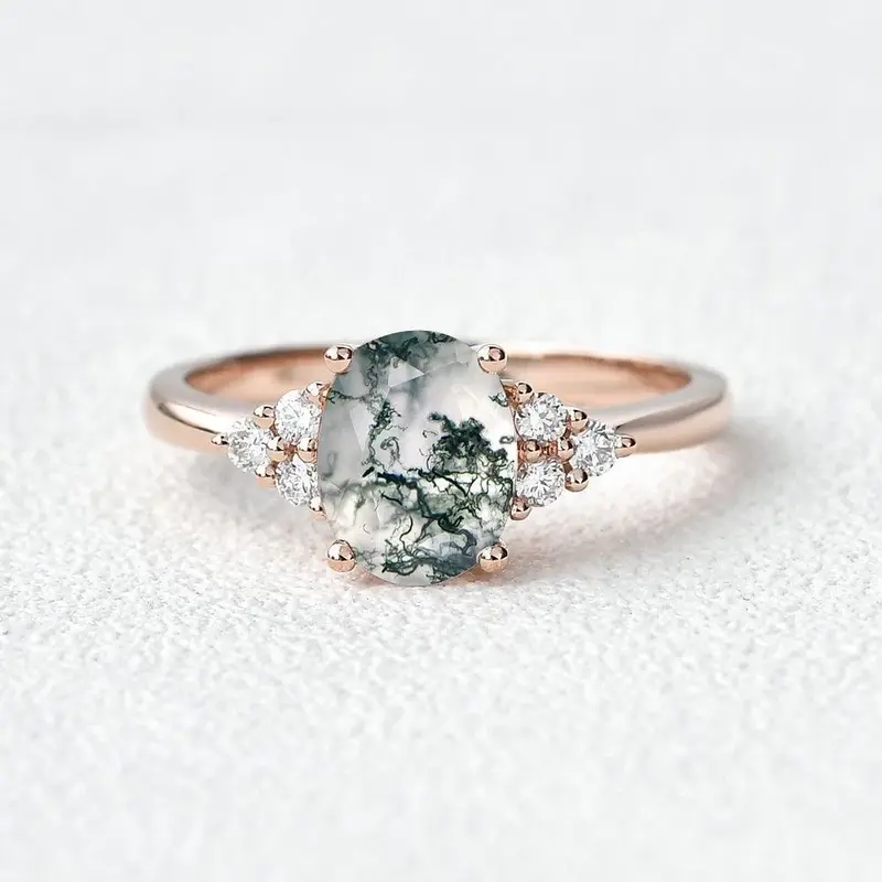 Sterling Silver with Rose Gold Plated Oval Cut Moss Agate Engagement Ring