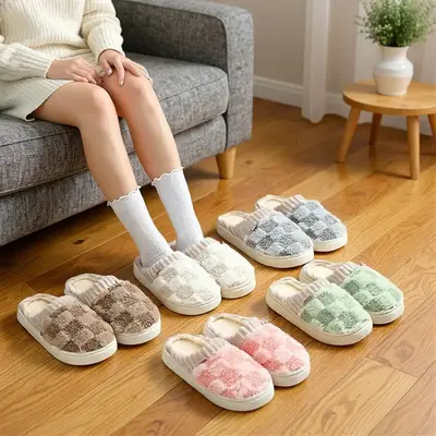 Cotton Slippers for Women Plaid Cuff Warm Fuzzy Fleece Plush Slipper Cozy Memory Foam Cute Soft Women's Home Slippers Indoor ...