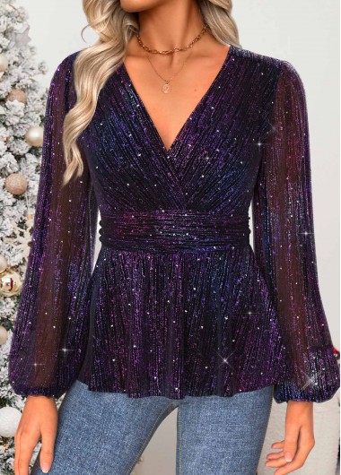 Modlily Multi Color Tummy Coverage Long Sleeve V Neck Blouse - XXL