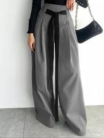 Women's Solid Tie Front Plicated Wide Leg Pants, Casual Comfy Trousers for Work Office Business, Ladies Bottoms for All Seaso...