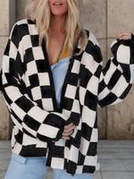 Women's Checkerboard Pattern Drop Shoulder Cardigan, Casual Chic Soft Long Sleeve Open Front Knitwear, Fashion Breathable Lad...