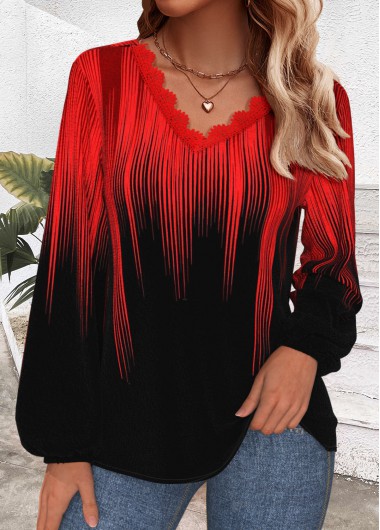 Modlily Red Embroidery Ombre Long Sleeve V Neck T Shirt - M