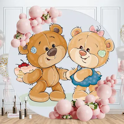 Aperturee Circle Two Teddy Bears Round Baby Shower Backdrop