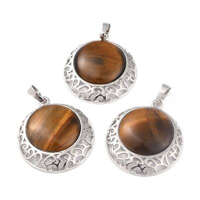 Natural Tiger Eye Pendants with Hollow Platinum Brass Findings