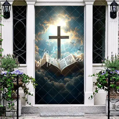 Aperturee Blue Clouds Sunlight Cross Bible Easter Door Cover, 30x80 Inch, 28.48 USD, easter door covers, ANML096A-A