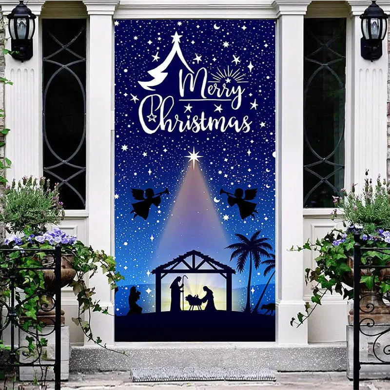 Aperturee Blue Starry Sky Nativity Merry Christmas Door Cover - Aperturee