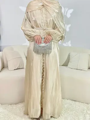 Women's Solid Abaya & Belted Tank Dress Set, Elegant Bishop Sleeve Long Sleeve Outerwear & Long Dress, Ladies Islamic Clothin...