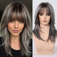 HAIRCUBE C-Ember Machine Made Mid-length Stright Grey Black with Highlights and Bangs Glueless Synthetic Wig for Women 3 Shad...