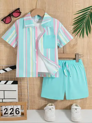 Two-Piece Set Boy's Striped Print Button Front Shirt & Elastic Waist Shorts Set, Casual Short Sleeve Collared Top & Shorts, K...