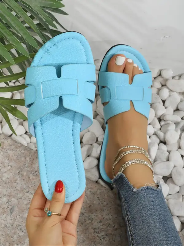 Women's Fashionable Hollow Out Design Slip on Sandals, Casual Round Toe Flat Sandals for Summer, Lightweight Breathable Comfo...