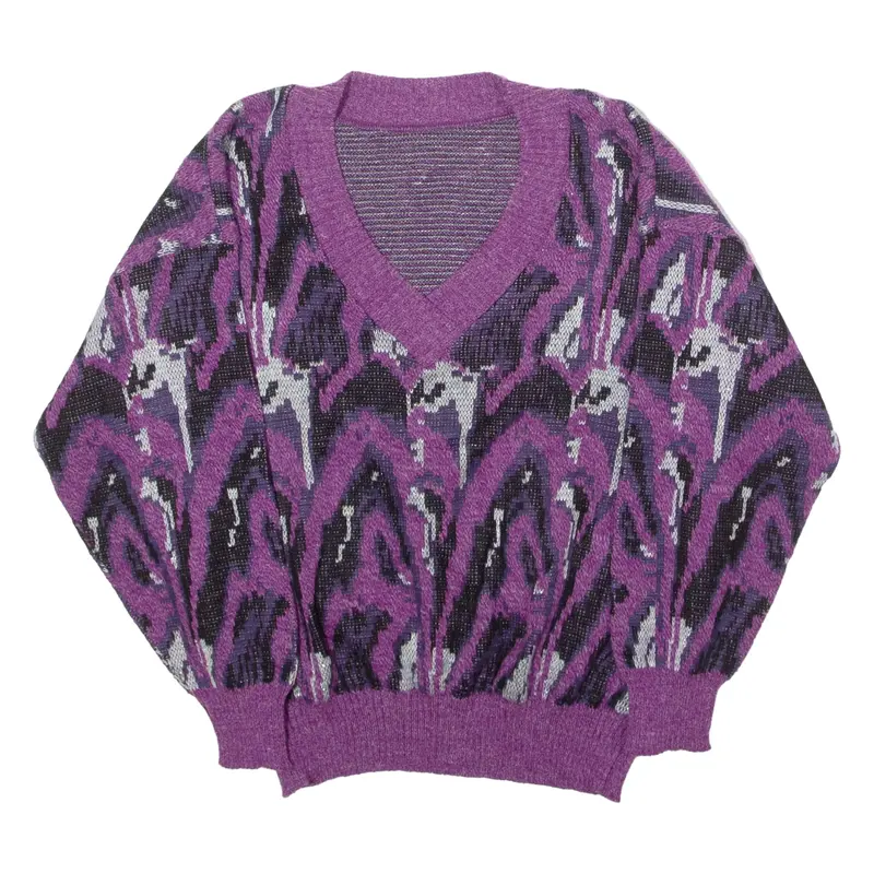 ACRY-WOLLE Womens Patterned Jumper Purple Crazy Pattern 80s UK 18