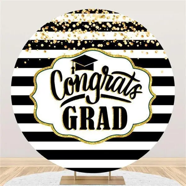 Aperturee Glod Glitter Black White Stripes Round Congrategrad Backdrop | Diy Grad Photo Backdrop | Grad Backdrop Banner | Gra...