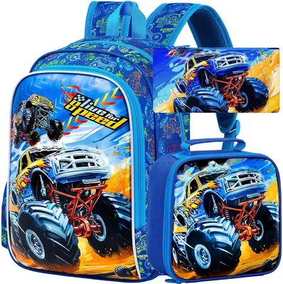 3PCS Boys Truck Backpack, Water Resistant Kids Bookbag with Lunch Box, 16\