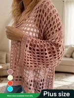 【Plus Size】 Women's Solid Color Hollow Out Crochet Sweater, Casual Long Sleeve Knitwear for Beach Vacation, Ladies Clothe...