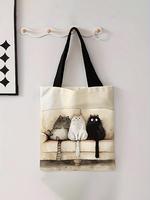 Cute Cat Pattern Vintage Tote Bag, Casual Trendy Cat Pattern Shoulder Bag, Fashionable Shopping Bag for Women & Men, Mother's...