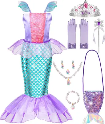 Mermaid Dress for Girls, Little Mermaid Costume with Bag Princess Dresses 3-8 Birthday Gift
