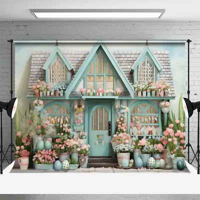 Fresh Pink Flowers Eggs Blue House Easter Backdrop - Aperturee