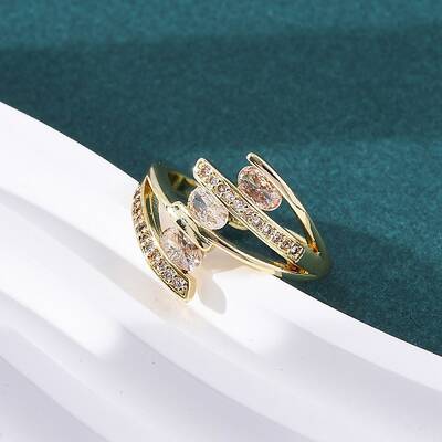 Brass Clear Cubic Zirconia 3-Line Cuff Rings for Women