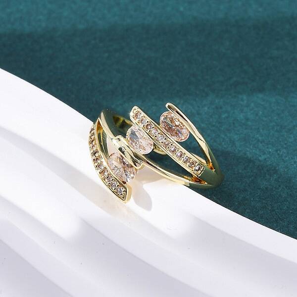 Brass Clear Cubic Zirconia 3-Line Cuff Rings for Women