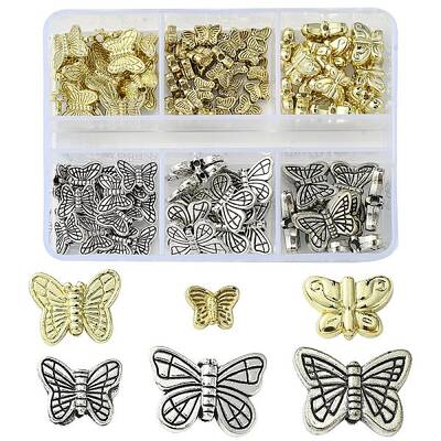 91Pcs 6 Styles Tibetan Style Alloy Butterfly Beads