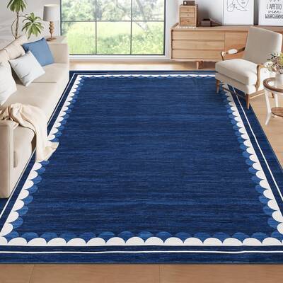 Garvee Solid Washable Rug 5x7 - Non Slip, Stain-Resistant, Scalloped Border, Polyester, Low Pile, Machine Washable, Living Ro...