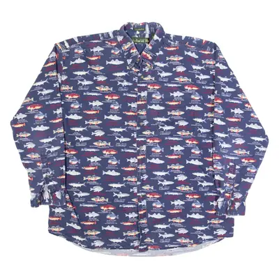 KNIGHTS OF THE ROUND TABLE Fish Design Mens Shirt Blue Long Sleeve XL