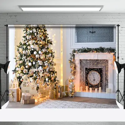 Aperturee Festive Sweet Home Tree Fireplace Christmas Backdrop